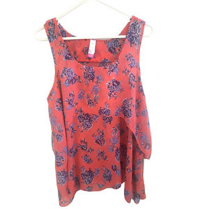 No Boundaries Coral with Blue Flowers Sheath Ruffle Tank - XXL